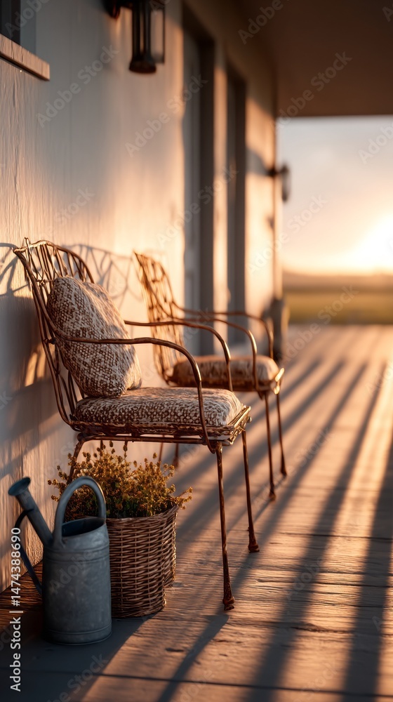 Poster warm sunlight illuminates an inviting porch adorned with vintage chairs and rustic decor. a watering