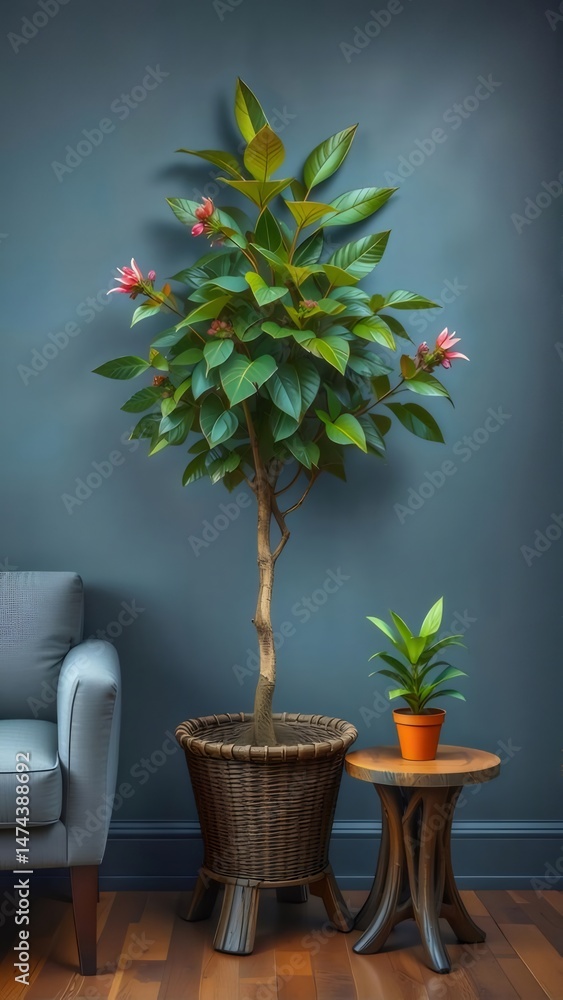 Poster 屋内装飾グレーの壁を背景にした緑の葉とピンクの花を持つ鉢植えの植物と木製の床
