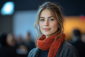 Portrait of beautiful woman at public speaking