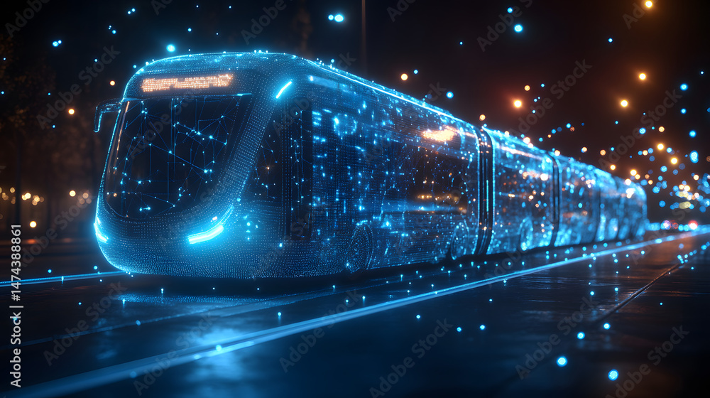 Aufkleber futuristic light rail glides through a glowing cityscape at night. abstract wireframe tram design in