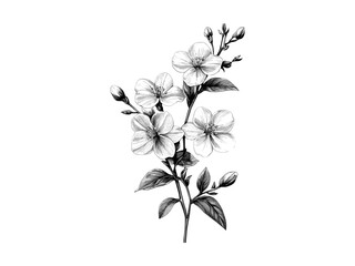 Winter Jasmine flower sketch, botanical art engraving, vintage style illustration, trendy decor, nature print, floral bloom, hand-drawn design, old engraving, winter flora, unique botanical art.