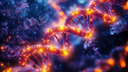 A glowing digital DNA helix floating in a cosmic space environment. A futuristic visualization of genetics and molecular biology - Powered by Adobe