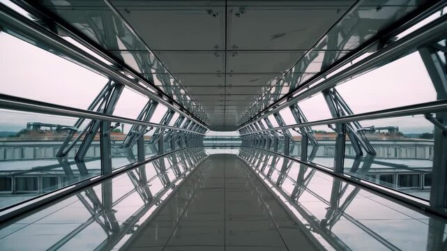 Futuristic video of glass skybridge with reflective surfaces, metallic beams, and symmetrical architecture

