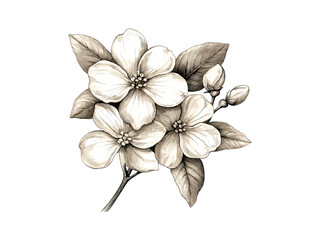 Antique decor engraved Jasmine Flower Illustration, hand-drawn sketch, vintage botanical style, trendy flower art, nature engraving, black sketch, jasmine bloom, floral print, old style