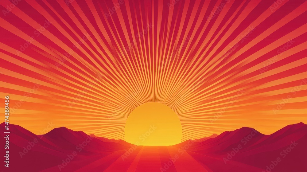 Poster elongated sun rays stretching in a linear pattern, paired with a gradient color scheme of oranges an