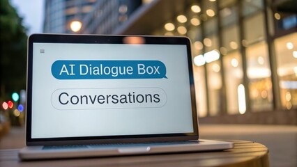 A laptop displaying "AI Dialogue Box" and "Conversations" on a screen, set on a table in an urban outdoor setting at dusk.