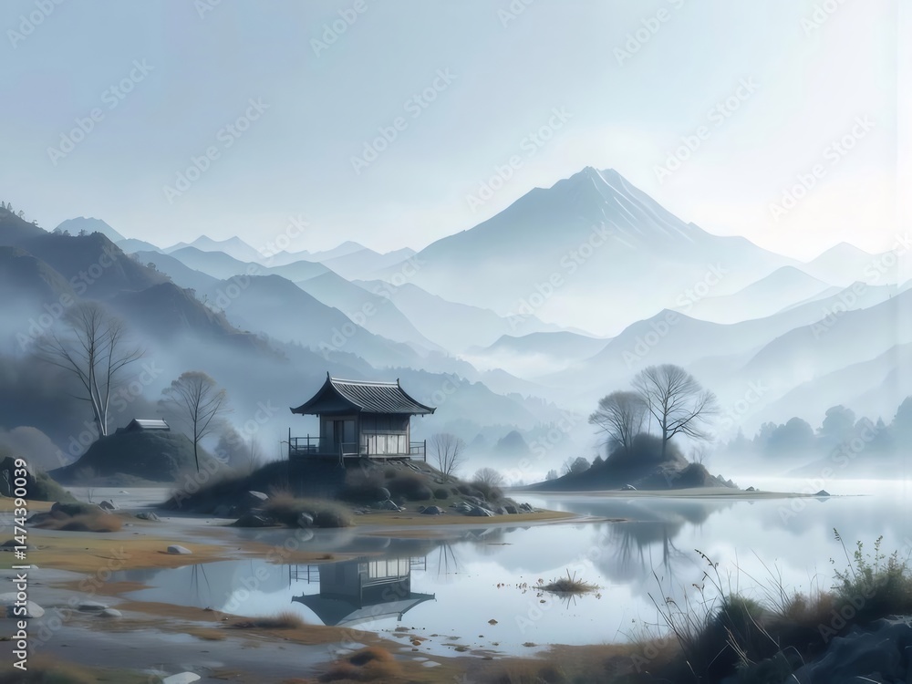 Poster 日本の山の湖の霧の風景 木の上の家と反射する水