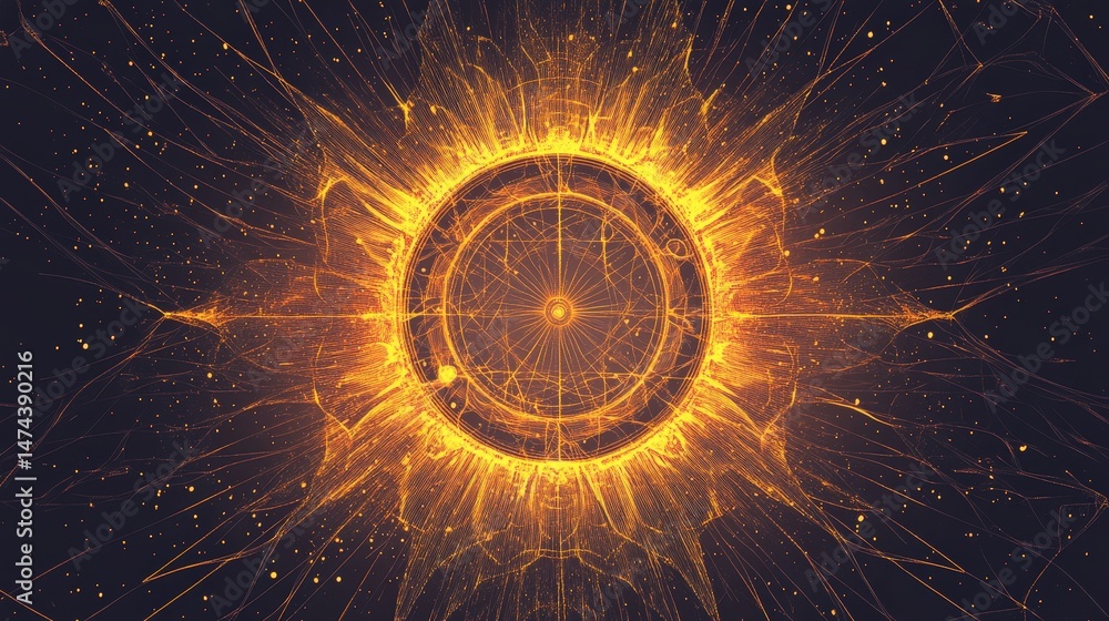 Poster a vector of intricate sun rays surrounding a glowing central circle, using sharp lines and bright ye