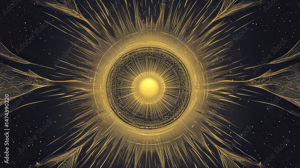 Poster a vector of intricate sun rays surrounding a glowing central circle, using sharp lines and bright ye