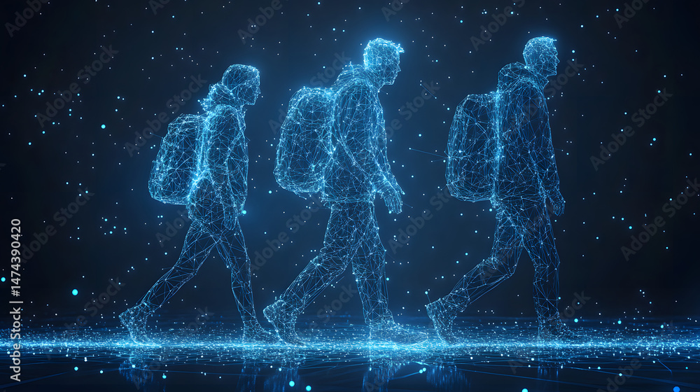 Poster Futuristic wireframe figures walk in a digital space. Jackets and backpacks suggest travel in this simulation. The illuminated nodes create a reflective, virtual path. Abstract wireframe in dark blue