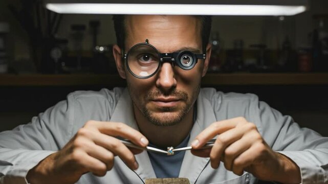 Jeweler meticulously examines a gemstone with tweezers and a loupe at his workbench, showcasing fine craftsmanship and precision in the luxury jewelry making industry or gemology
