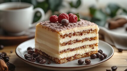 Pastry shop. Beautifully decorated cafe table. Piece of cake and cup of tea on the table in the restaurant. Dessert. Cake.	
