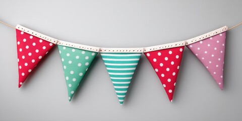 Obraz premium Colorful fabric bunting featuring polka dots and stripes creating a cheerful festive atmosphere perfect for celebrations or events enhancing playful decor in joyful settings