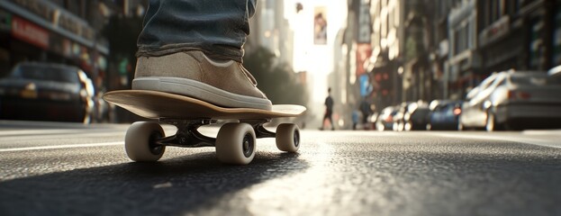 Urban skateboarder ollieing over gap street scene city environment