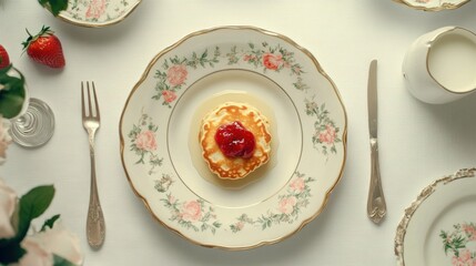 Pancakes with strawberry jam on floral plate overhead shot breakfast brunch still life food photography