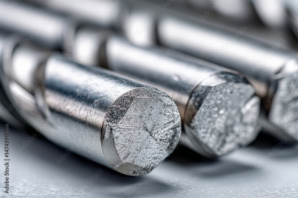 Aufkleber close-up view of polished metal hex bolts arranged neatly on a wooden workbench in a workshop settin