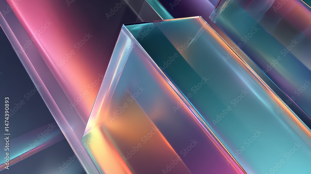 Poster a mirror panel is positioned at an angle, creating vivid reflections of colors and light across a sm