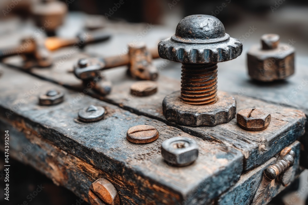 Poster close-up of rusty mechanical hardware on a wooden workbench showcasing intricate details and texture