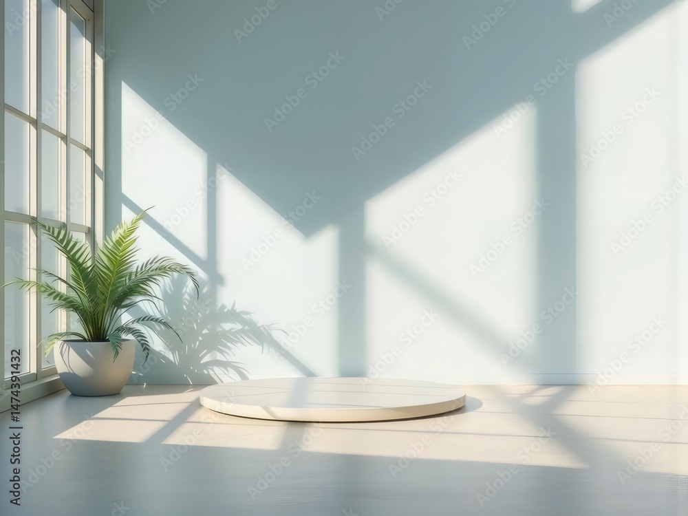 Poster 窓からの光が差し込むパステルブルーの壁と白い床の背景に鉢植えの緑の植物が置かれたシンプルなインテリア 静かな空間