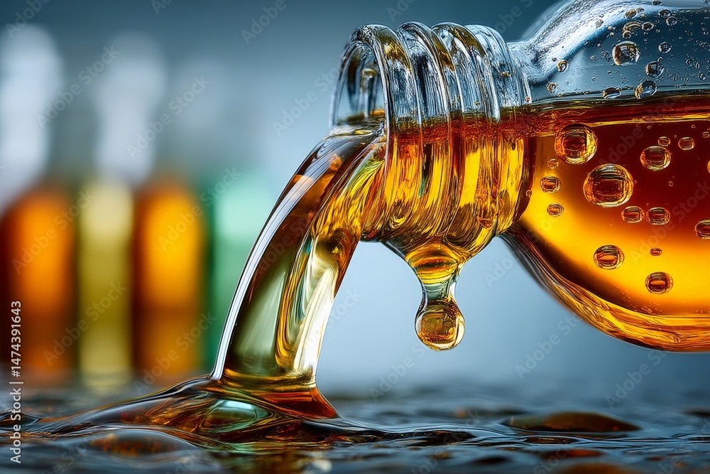 Poster liquid amber cascades from a glass bottle onto a reflective surface in a vibrant setting with blurre