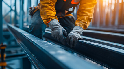 Construction Worker Installing Metal Beams