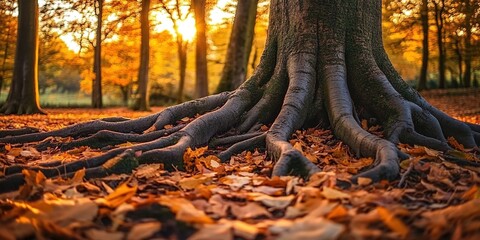 Close-up of tree roots with autumn leaves.