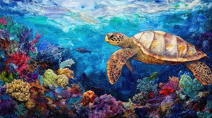 Fototapeta premium A vibrant coral reef beneath the ocean waves. Schools of tropical fish dart through colorful coral structures, while a majestic sea turtle glides peacefully through the blue waters