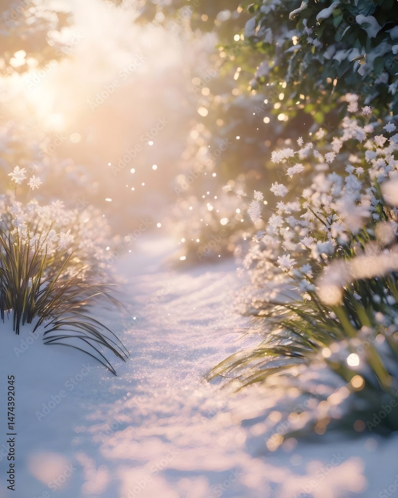 Poster 雪に覆われた庭の小道 冬の日の暖かい光の中で輝く白い花と緑の草の幻想的な風景