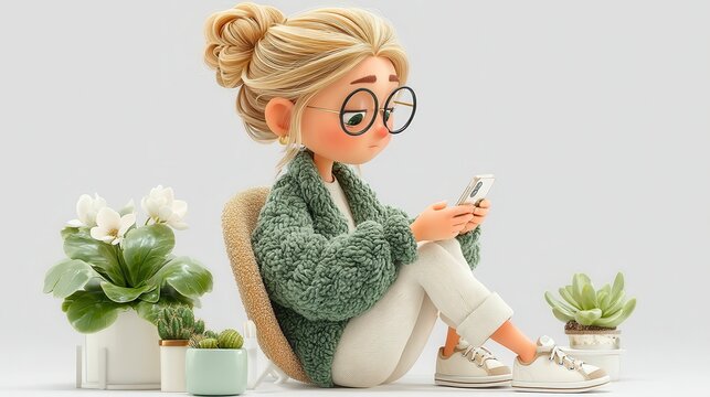 3d illustration, cute cartoon business woman using smartphone while working