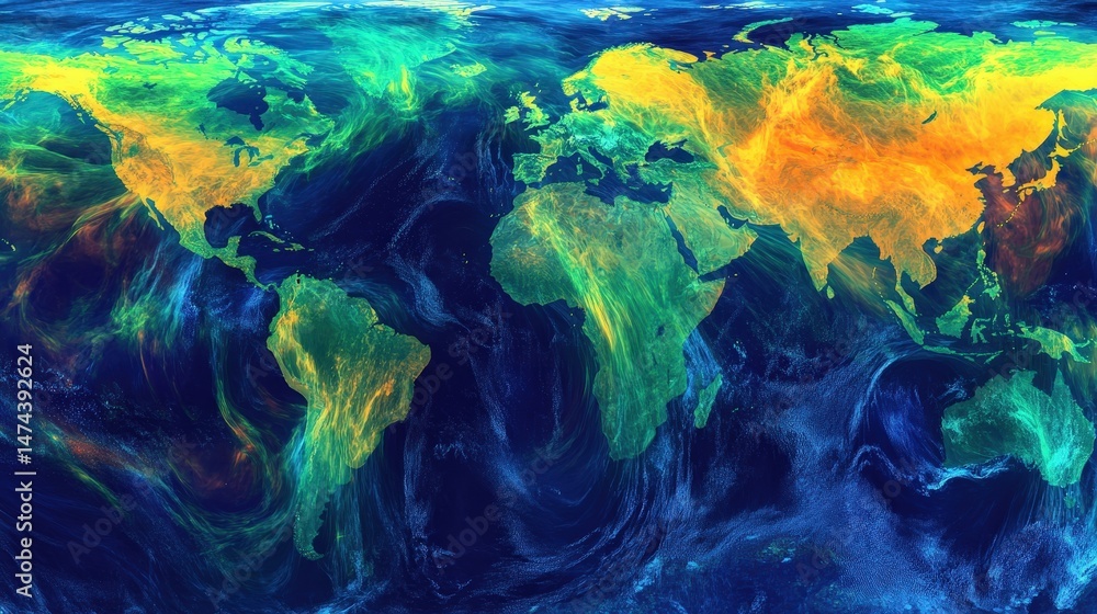 Aufkleber a vibrant earth map from space, emphasizing the natural features of each continent and their distinc