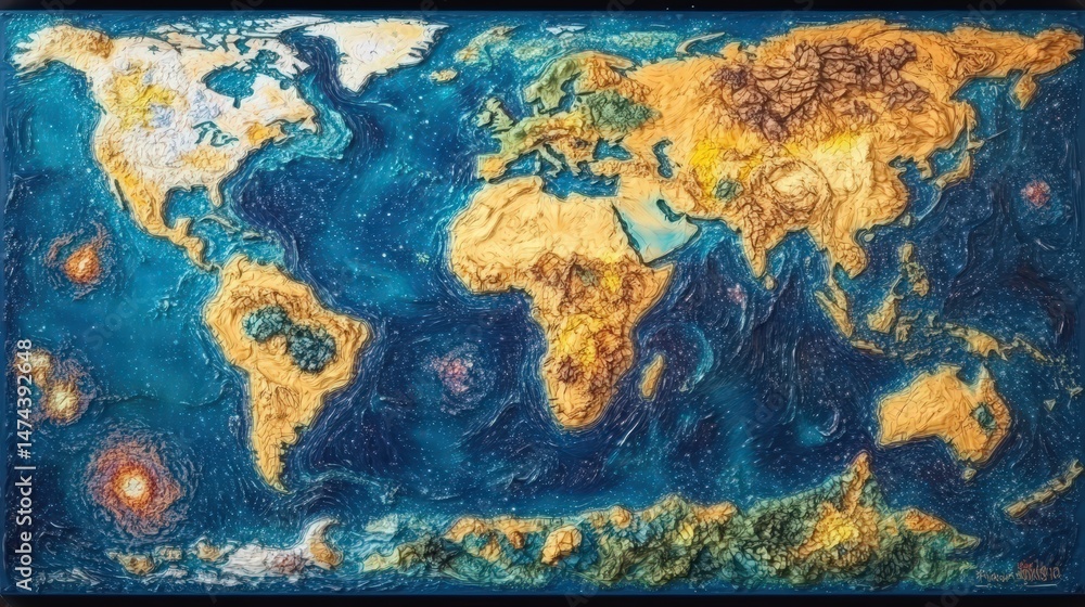 Poster a vibrant earth map from space, emphasizing the natural features of each continent and their distinc