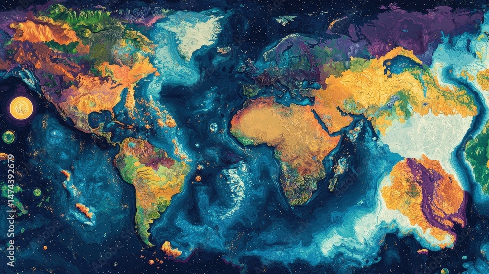 Aufkleber a vibrant earth map from space, emphasizing the natural features of each continent and their distinc