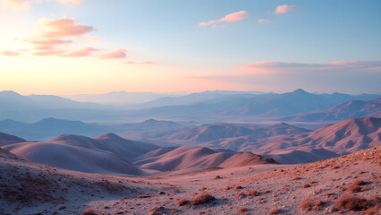 Naklejka premium Sunset Panorama: A breathtaking panoramic view showcases rolling hills, a mountainous backdrop, and the soft, warm hues of sunset paints the sky with stunning colors.