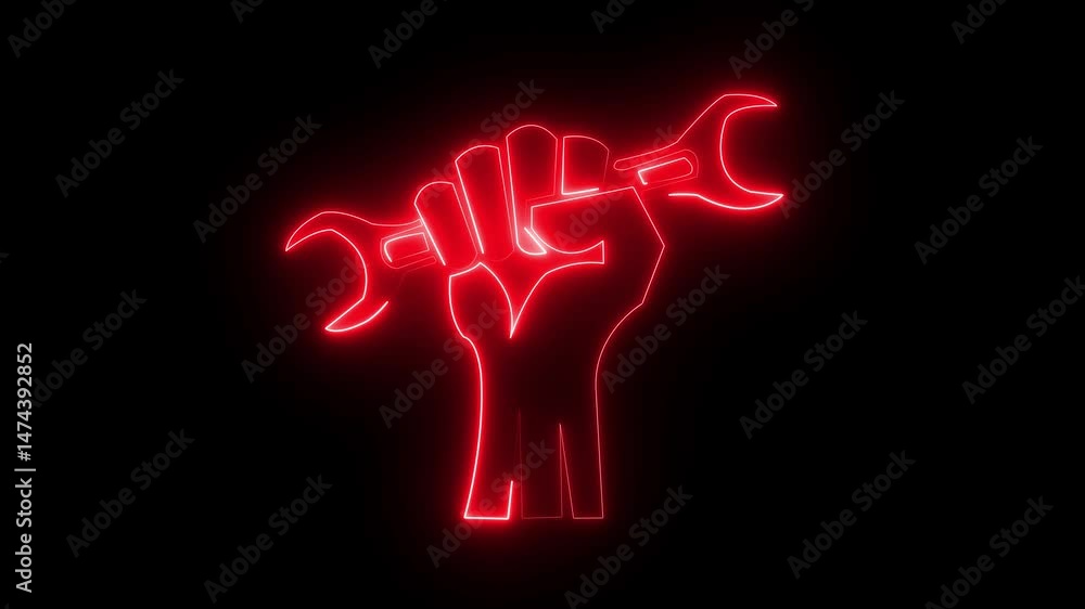 Poster glowing neon line setting icon with spinning gears icon animated. glowing neon technology hand icon 