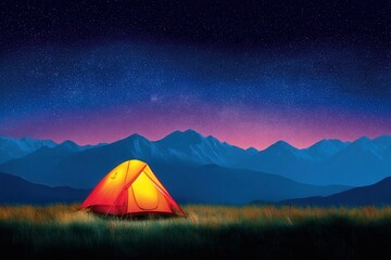 Camping starry night sky with mountains