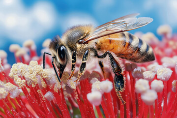Naklejka premium Close up image of bee collecting pollen from vibrant red flowers, showcasing intricate details of its body and wings