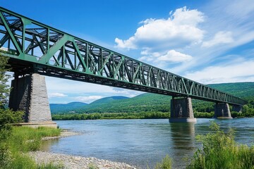 Majestic steel bridge spanning a serene river landscape capturing nature's beauty and engineering excellence from a picturesque viewpoint