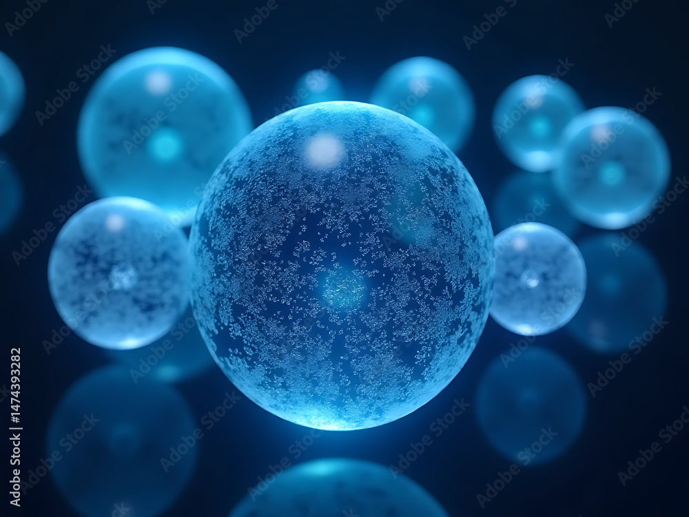 Poster dynamic blue spheres in dark space abstract science visualization futuristic 3d environment