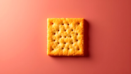 Golden Cracker: This image features a close-up view of a golden-brown square cracker, exhibiting a tempting, fresh, and simple snack in vibrant light.