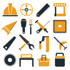 Collection of flat design construction and woodworking tools icons
