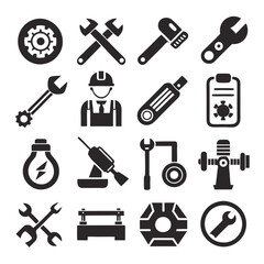 Monochrome industrial vector icons representing engineering and mechanical concepts