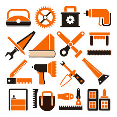 Set of construction tools icons in orange and black