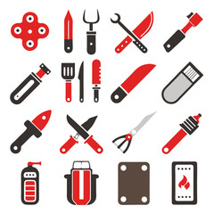 Red and black grilling tools icon set on white background