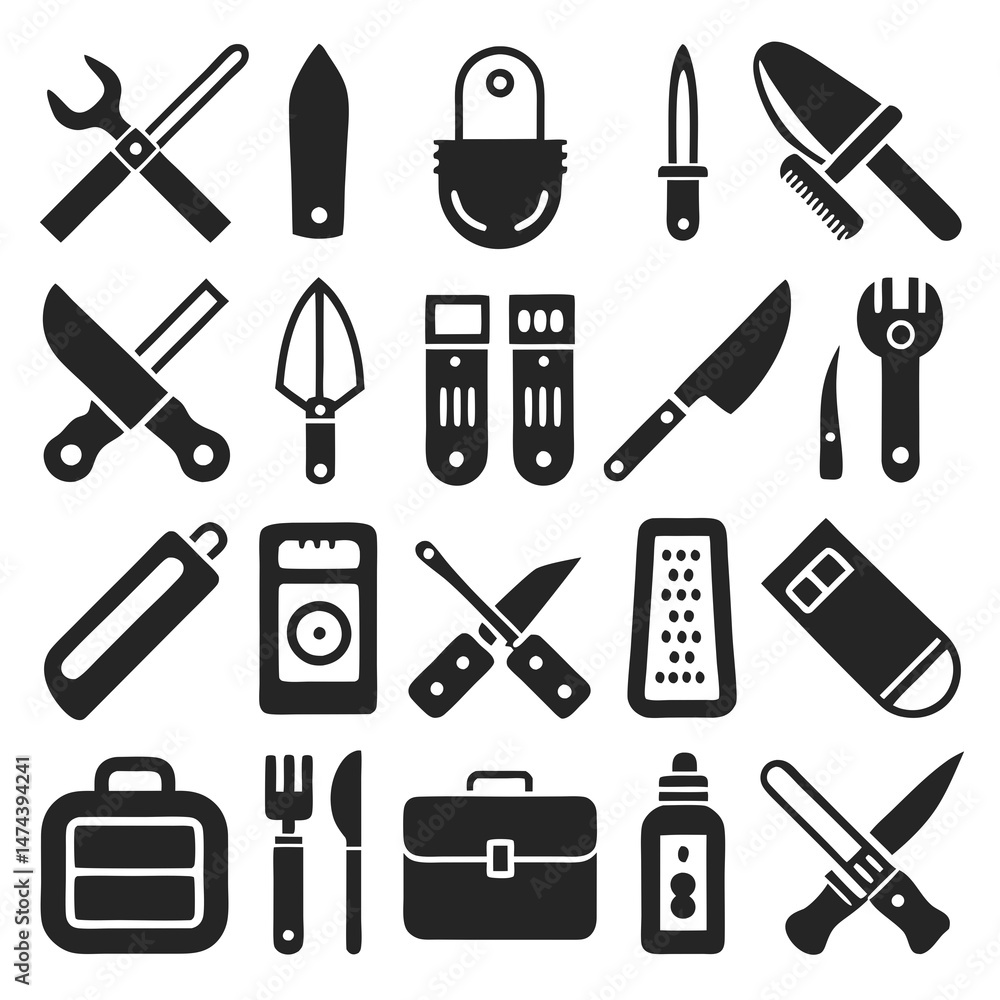 Poster assorted vector silhouette icons representing various tools and objects