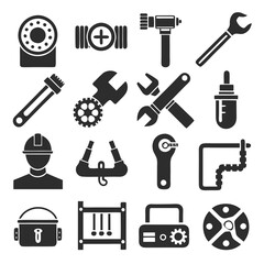 Monochromatic vector set with construction and plumbing tool icons