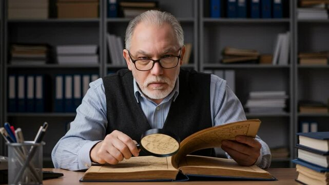 Elderly archivist wearing glasses meticulously examines an ancient map with a magnifying glass at a desk in a library setting, engaged in historical research and cartographic analysis