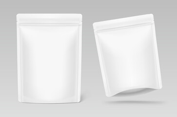 Realistic stand up pouch bag mockup with transparent shadow. Front view. Vector illustration isolated on grey background. Ready for your design. EPS10.