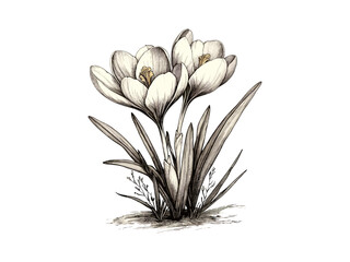 Vintage crocus flower engraving, antique floral sketch motif, elegant retro decor, old botanical illustration, black ink drawing, hand-drawn flower art, spring bloom engraving