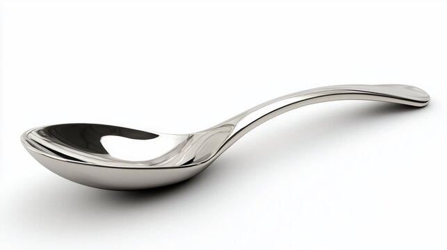 Shiny, reflective stainless steel spoon on a white background