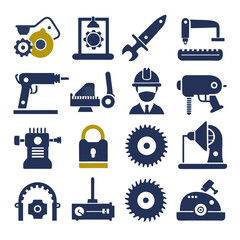 Machinery and industrial tool icons in navy and gold